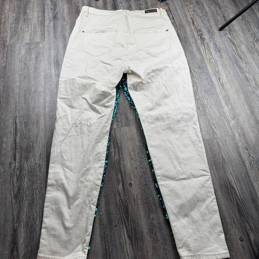 NEW QUUM Shop Women's 2XL White Stretch Sequin Jeans Destressed Blue Green - Picture 5 of 7